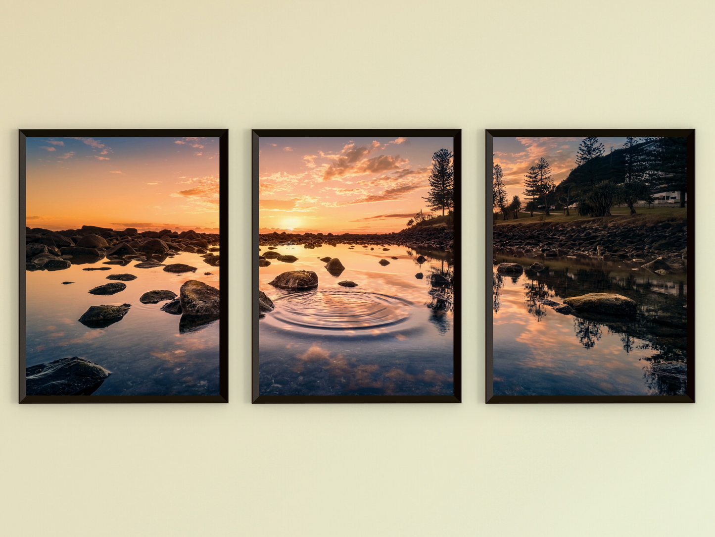 Sonnenuntergang am Gewässer-Triptychon-Fotografie