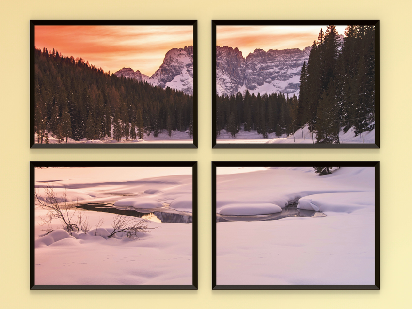 Winter Landscape-Snow-Lake-Forest-Mountains-Split-Photography