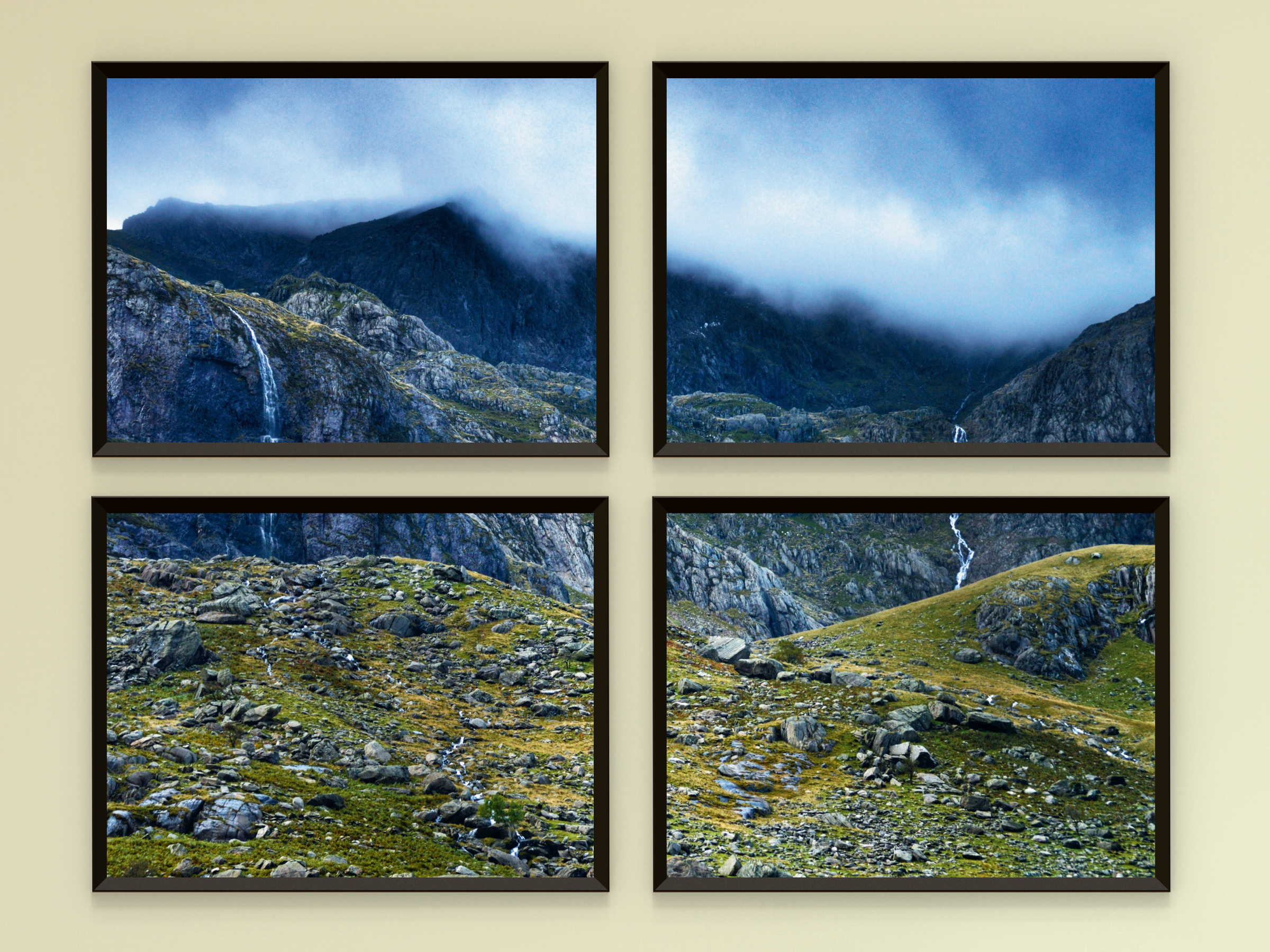 Scree-Waterfall-Mountains in Fog-Split-Photography