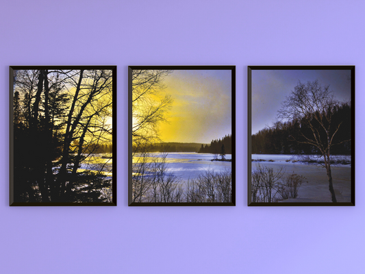 Wintersonnenuntergang am See-Triptychon-Fotografie