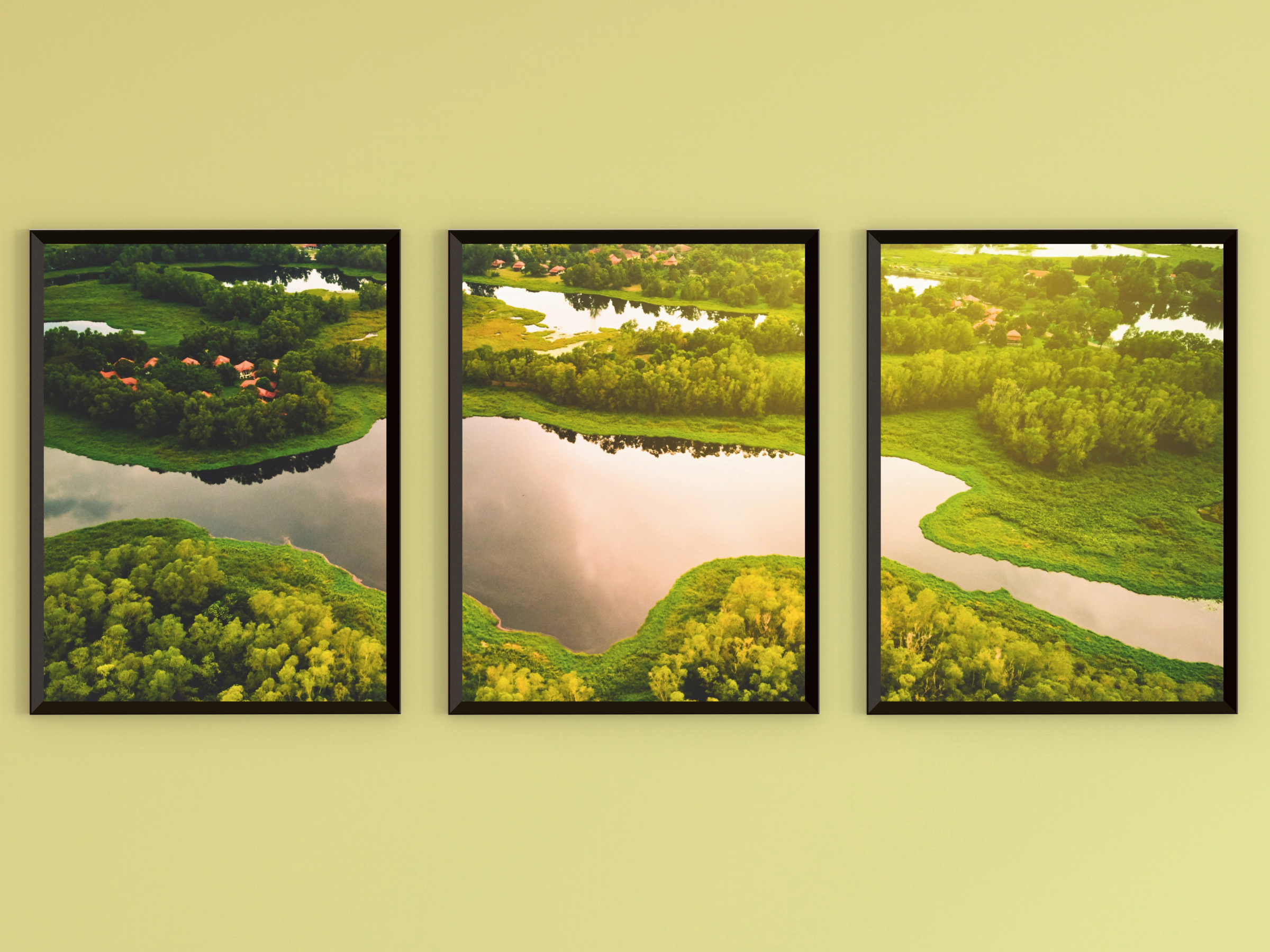 photographie en triptyque de paysage lacustre