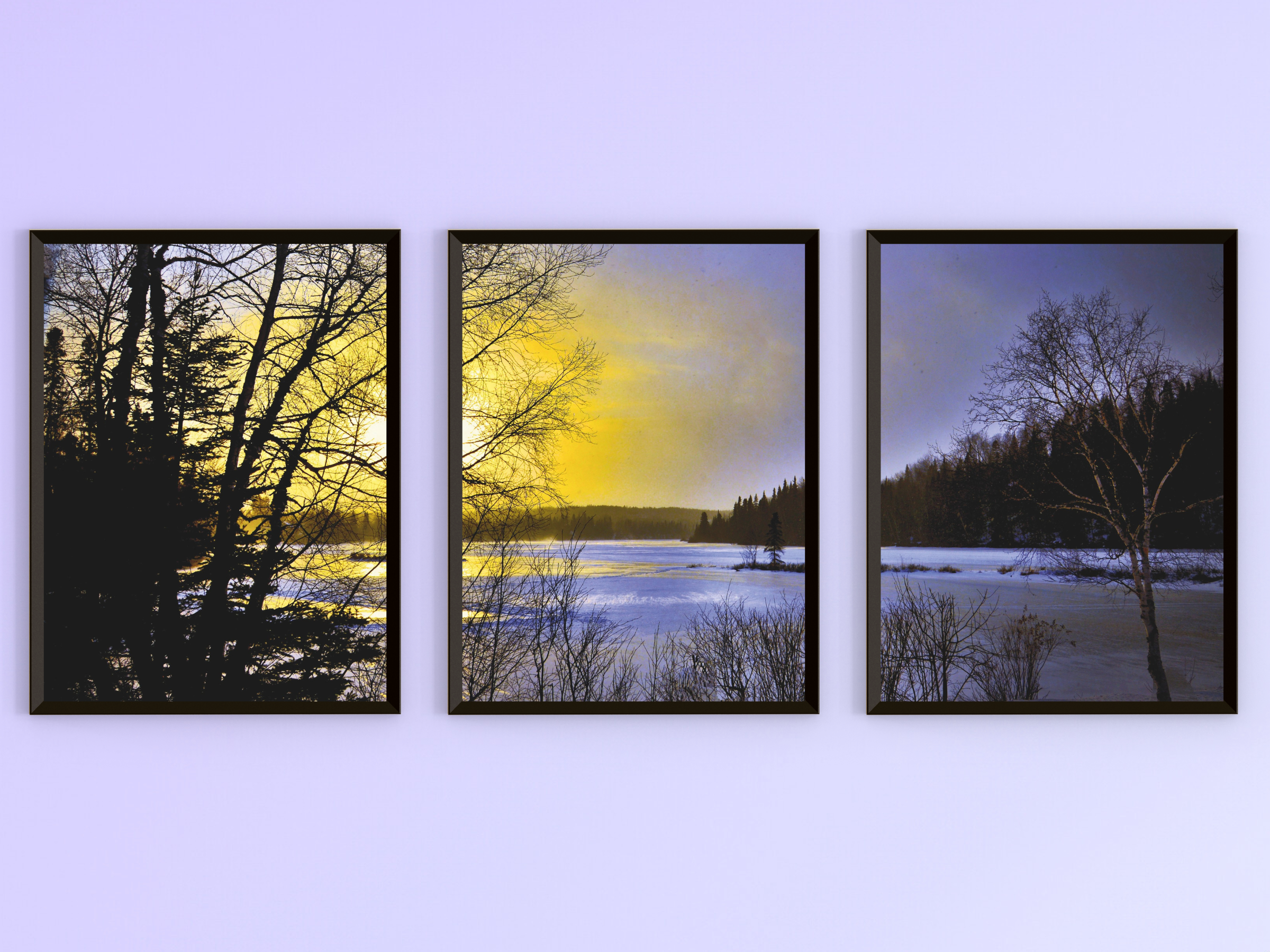 Wintersonnenuntergang am See-Triptychon-Fotografie