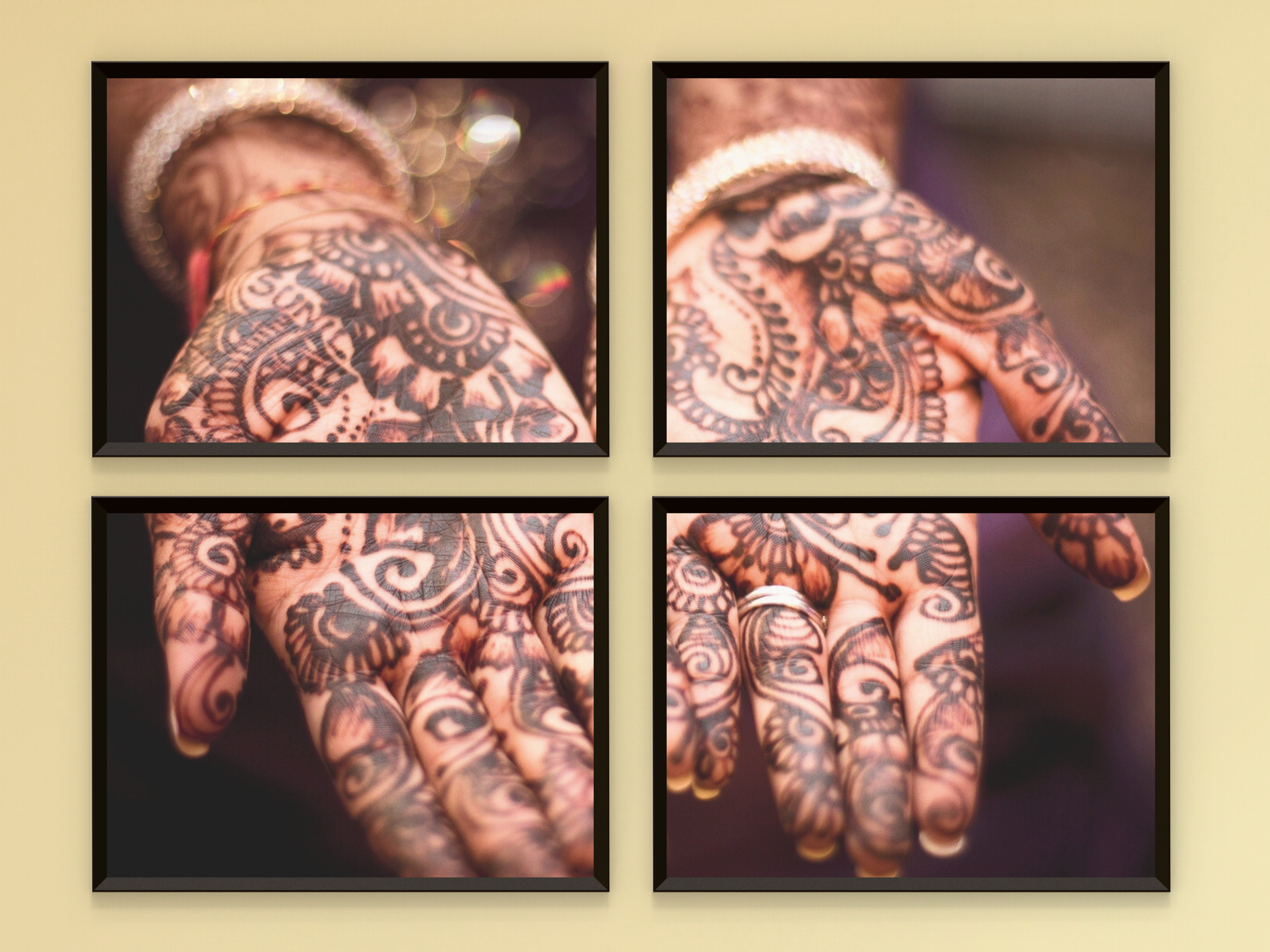 mains Mehndi avec photographie de henné divisée