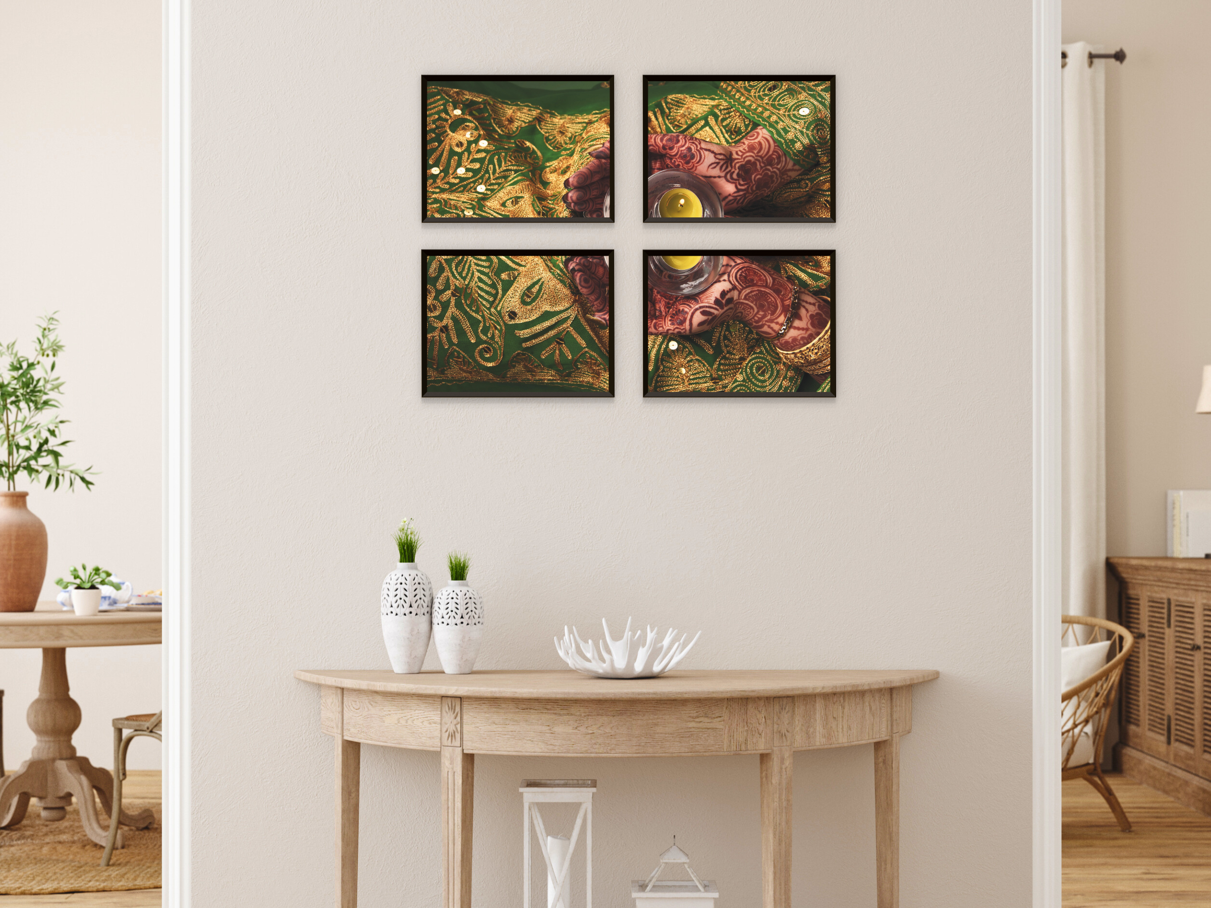 Photographie divisée du henné et du sari vert