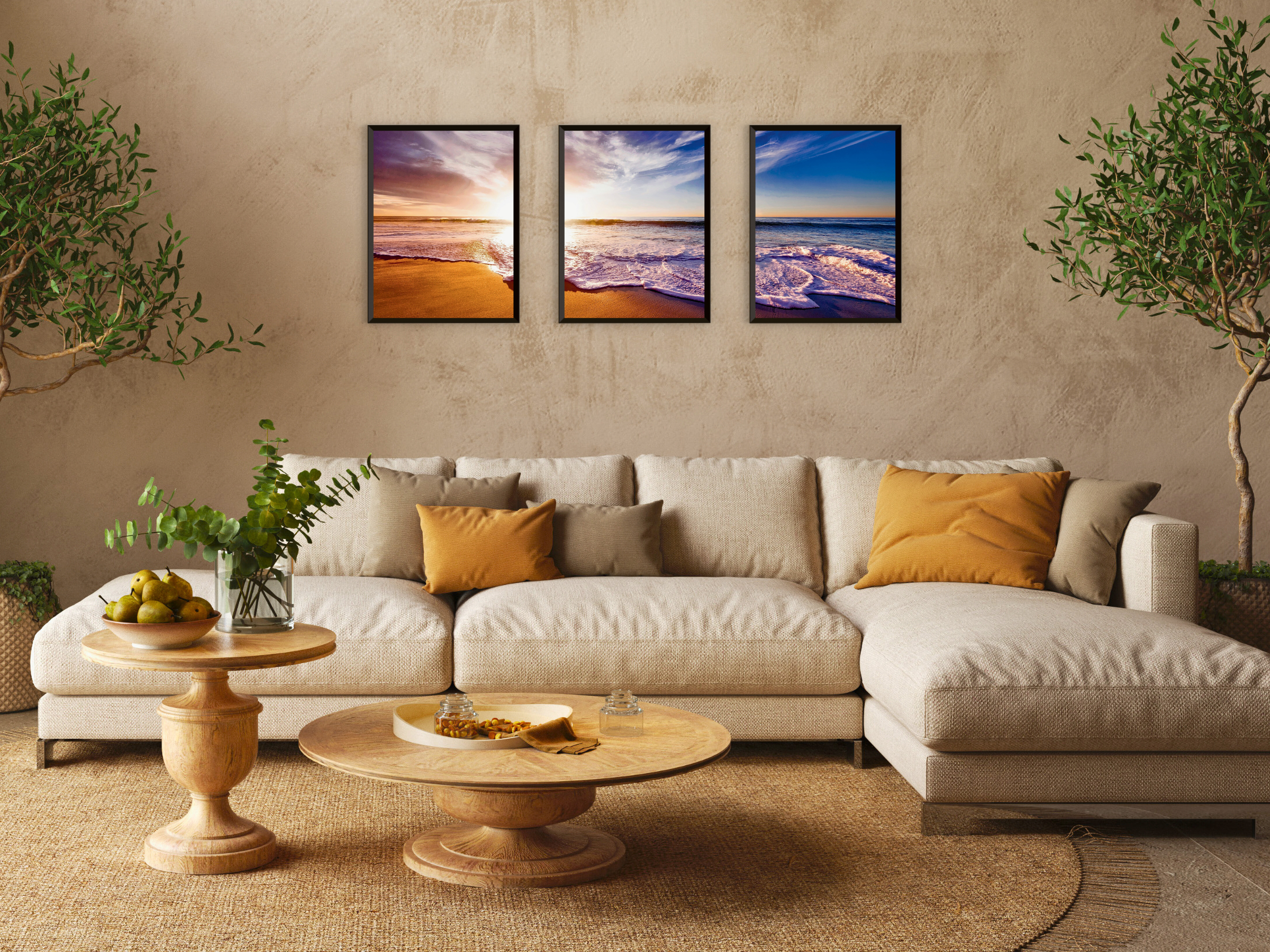 photographie en triptyque du lever du soleil sur la plage