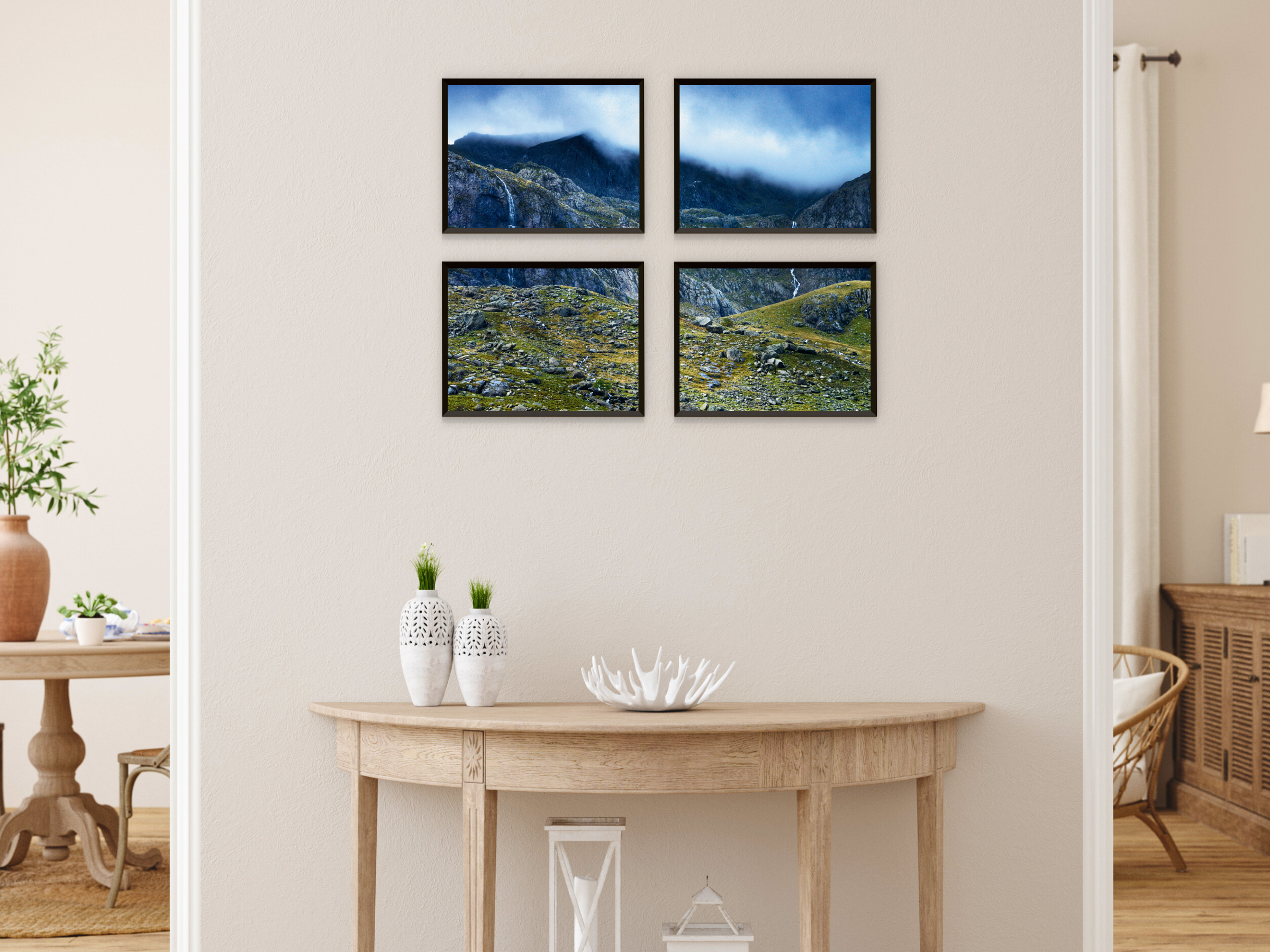 Geröll-Wasserfall-Berge im Nebel-Split-Fotografie