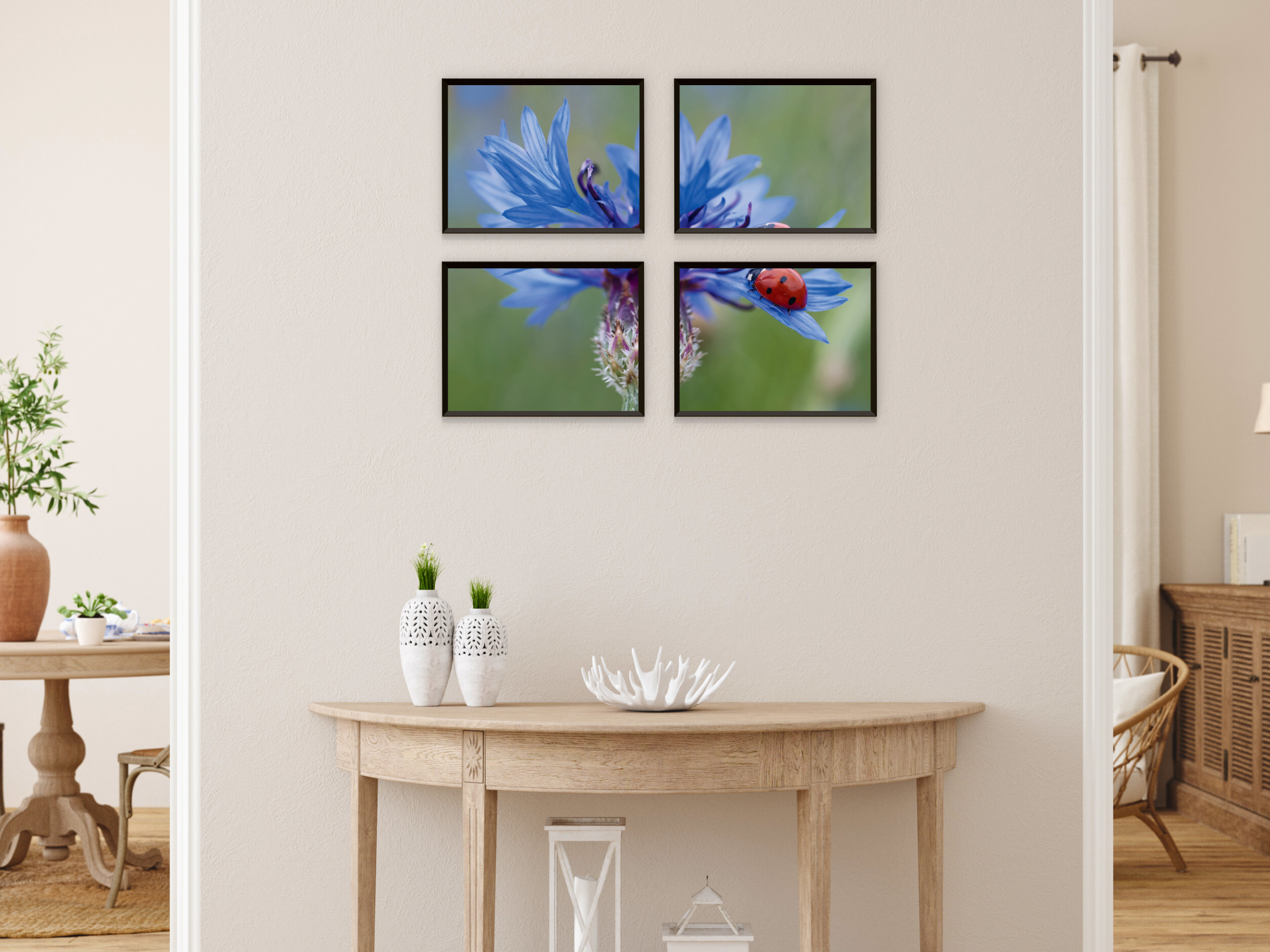 Marienkäfer auf blauer Kornblume-Split-Fotografie