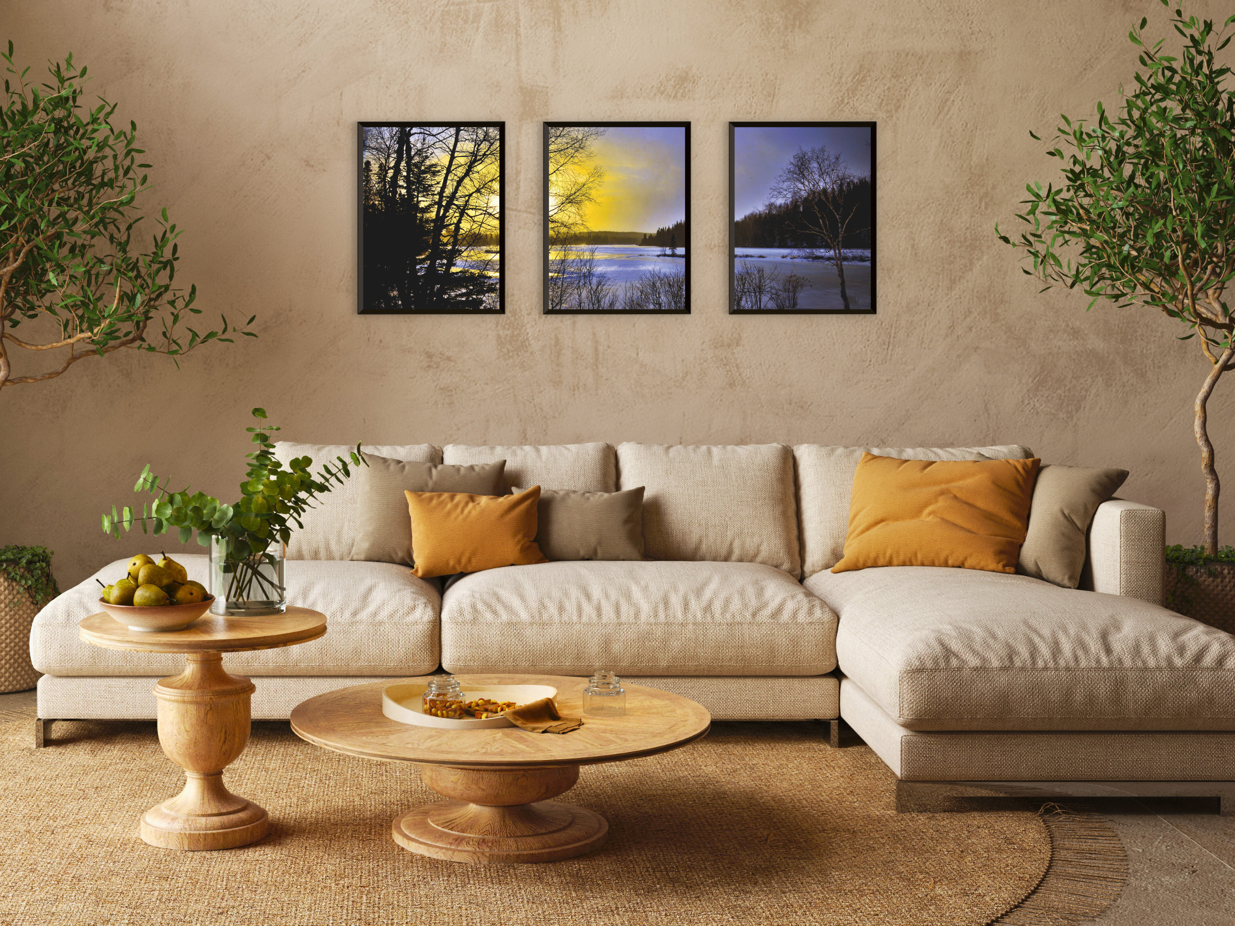 Wintersonnenuntergang am See-Triptychon-Fotografie