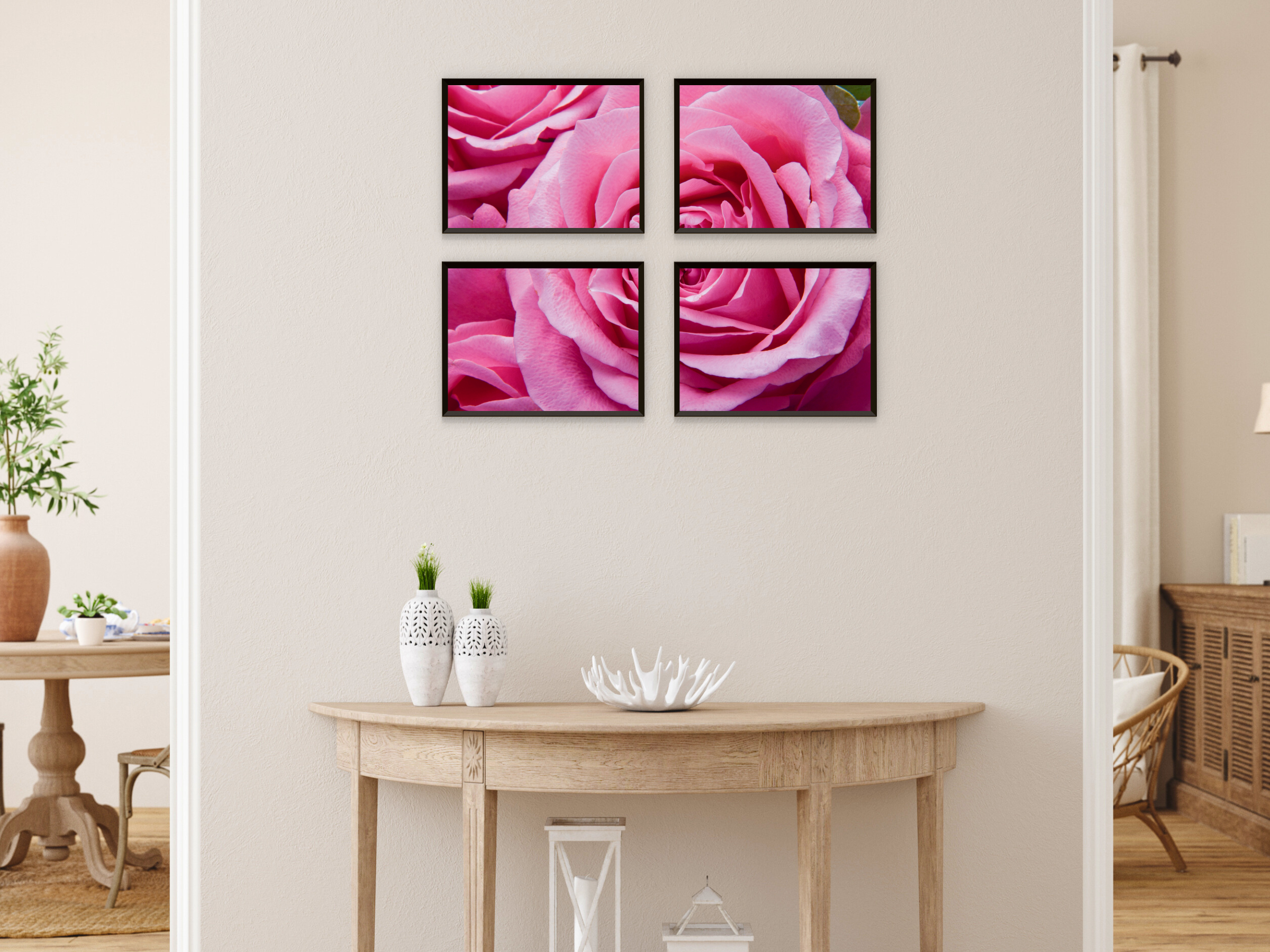 Photographie divisée de roses roses