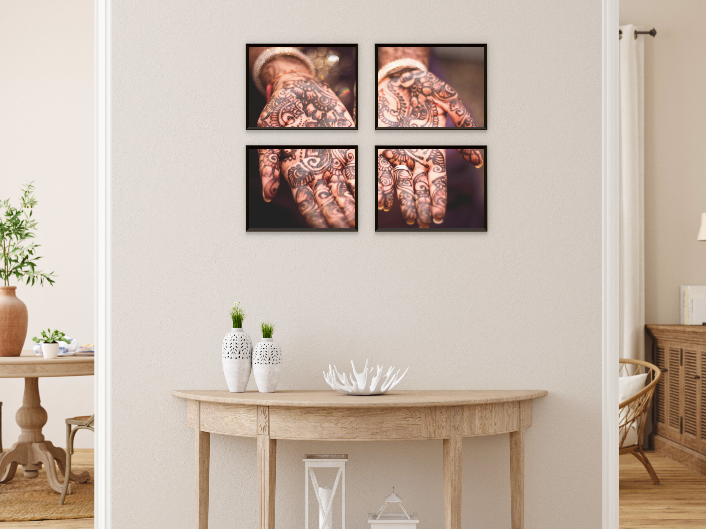 mains Mehndi avec photographie de henné divisée