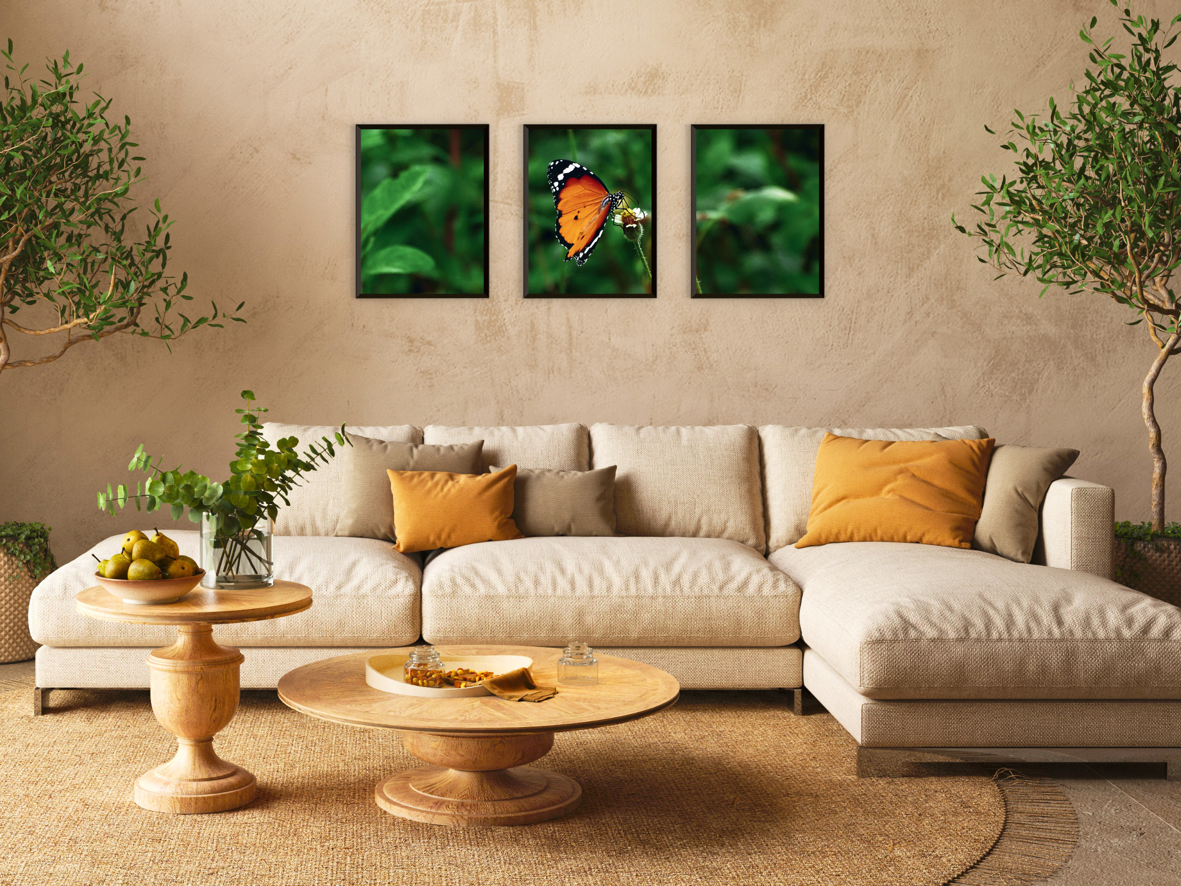 photographie en triptyque de papillons sur fleurs