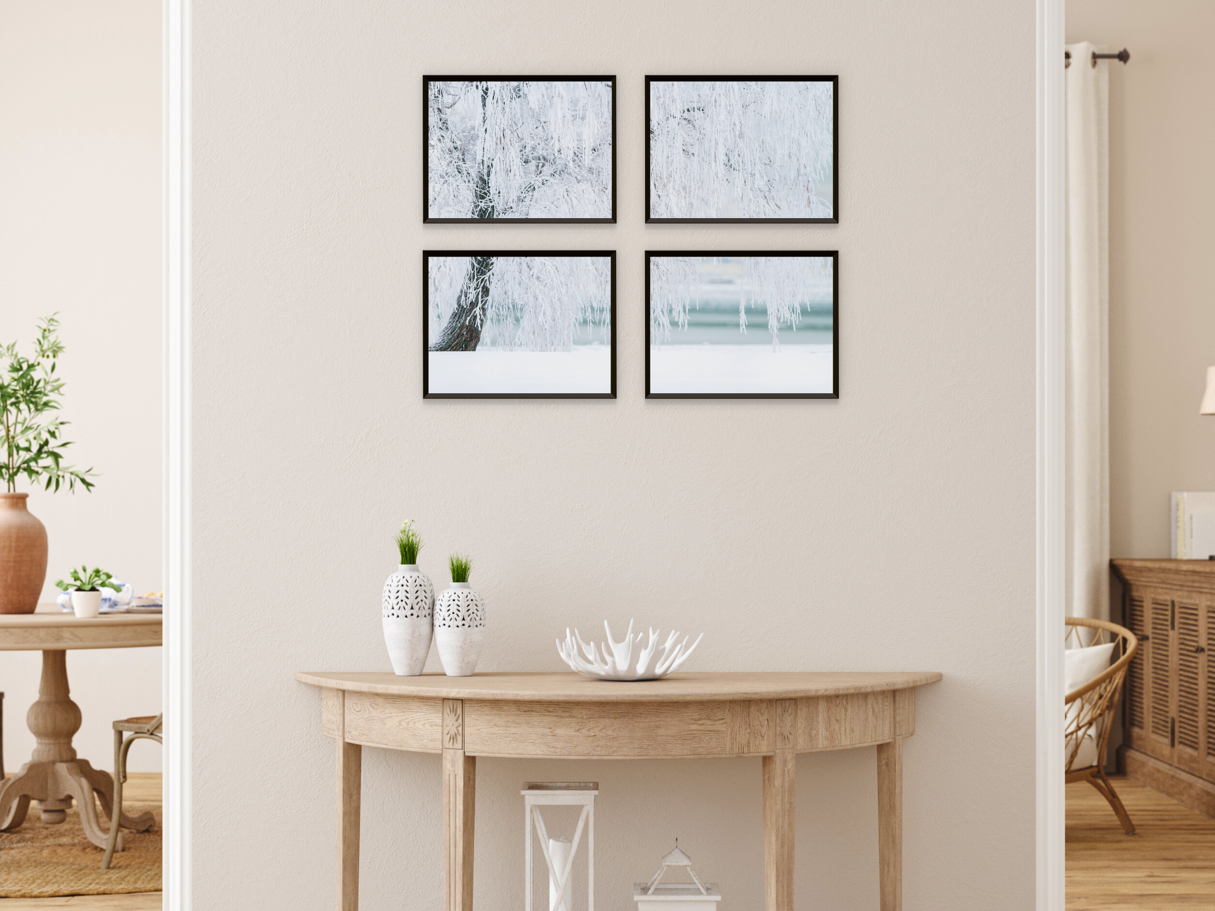 Saule pleureur dans un paysage de glace, photographie divisée