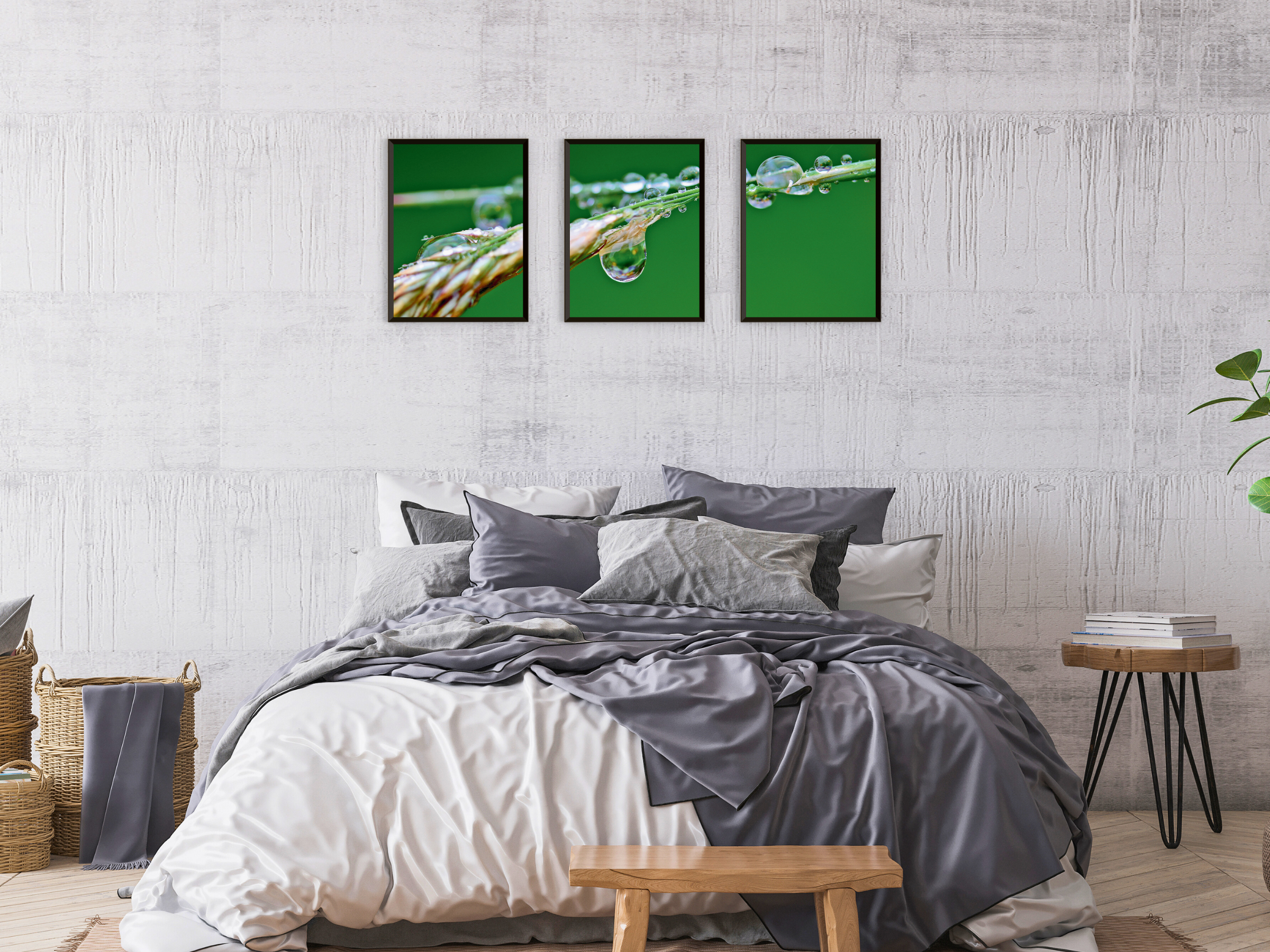 Wassertropfen auf Grashalm-Triptychon-Fotografie