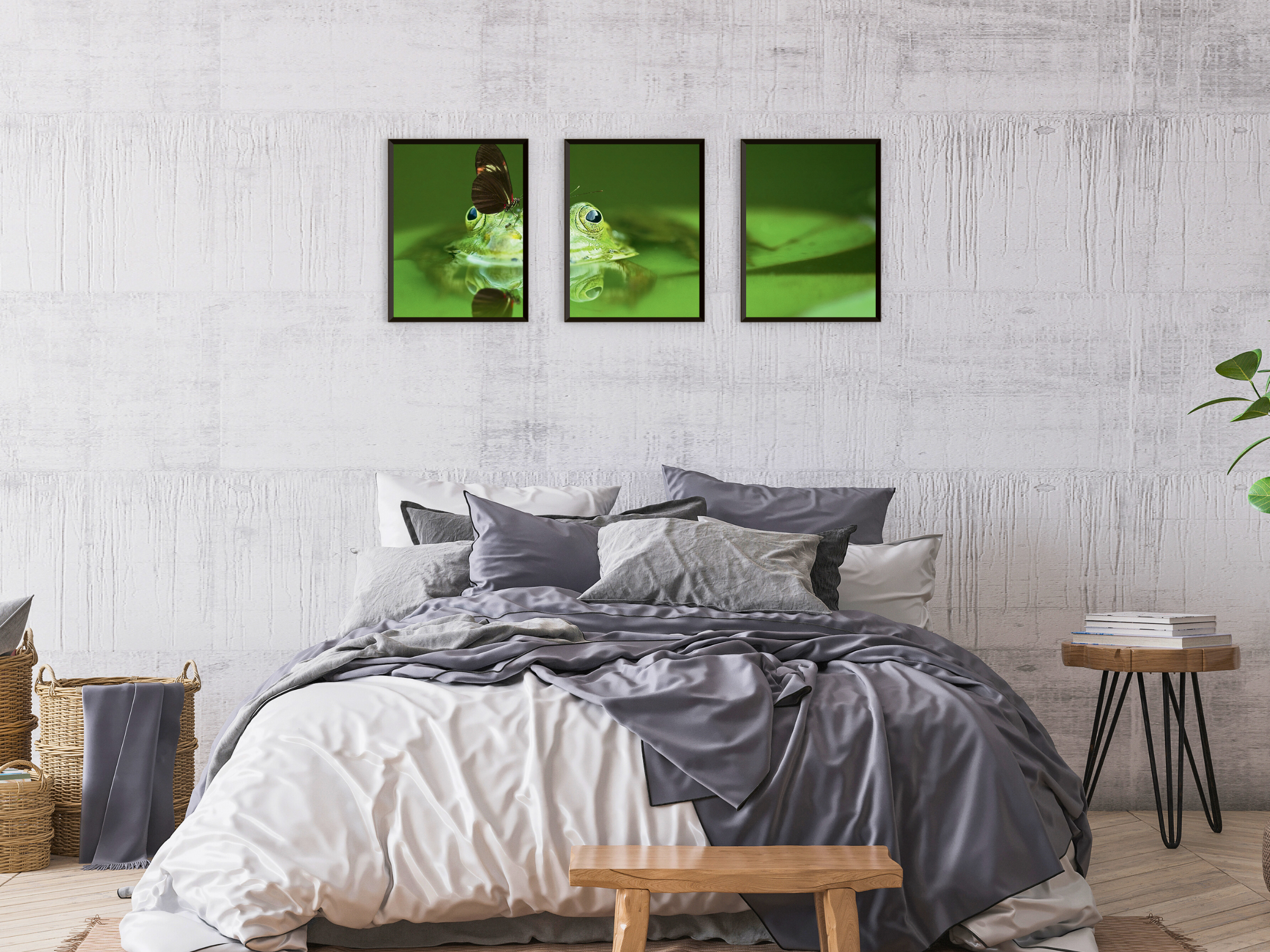 Triptyque photographique d'une grenouille et d'un papillon