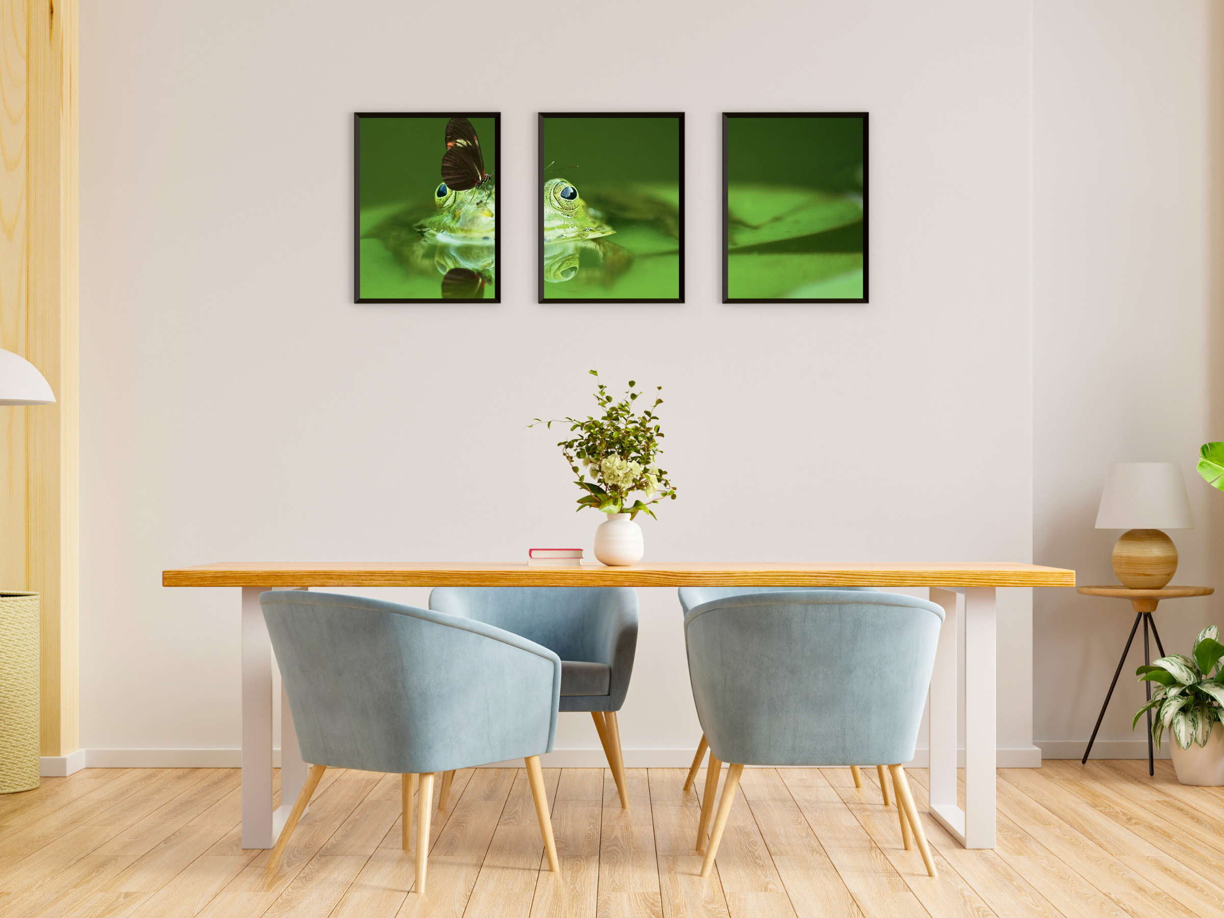 Triptyque photographique d'une grenouille et d'un papillon