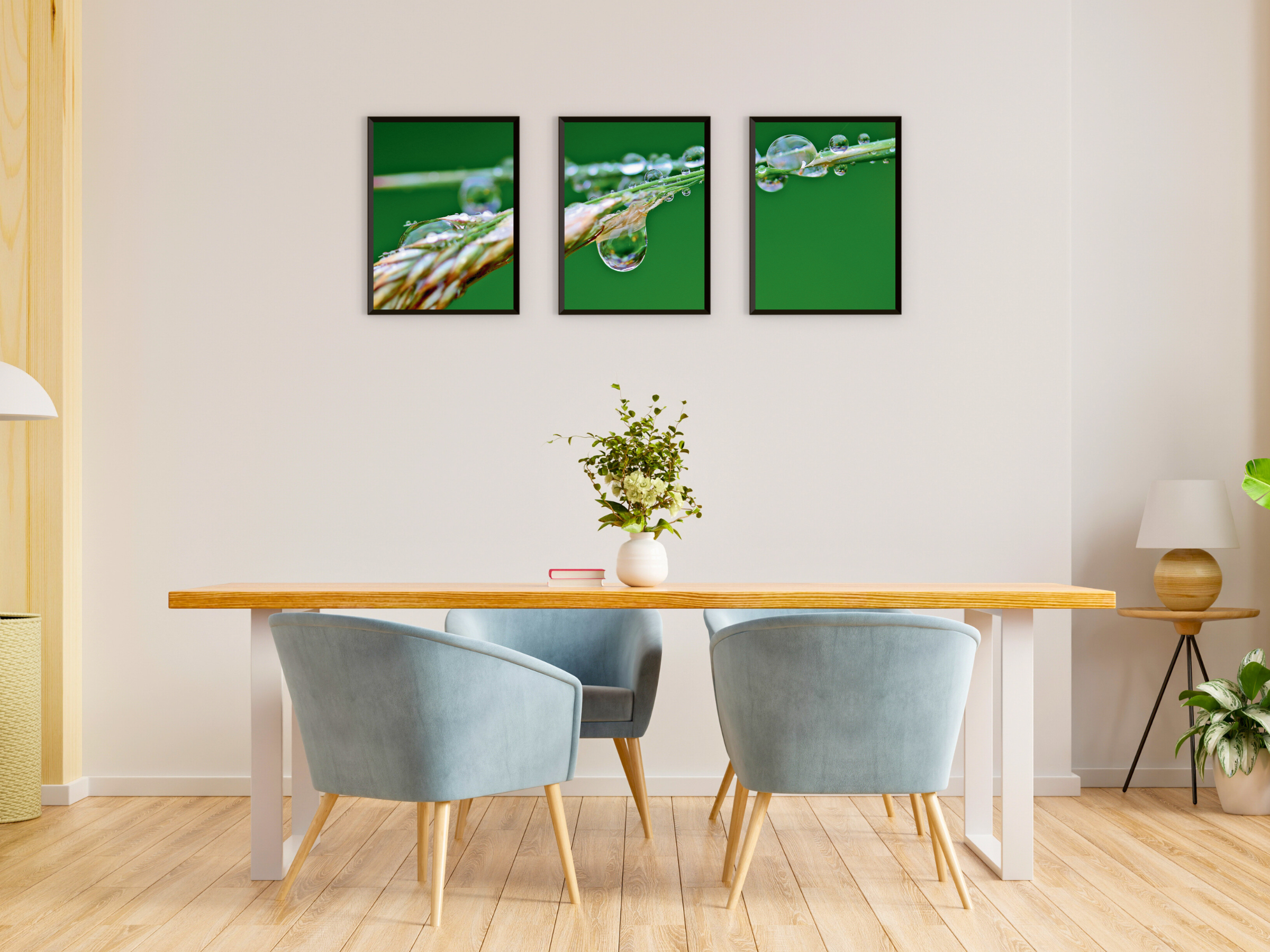 Wassertropfen auf Grashalm-Triptychon-Fotografie