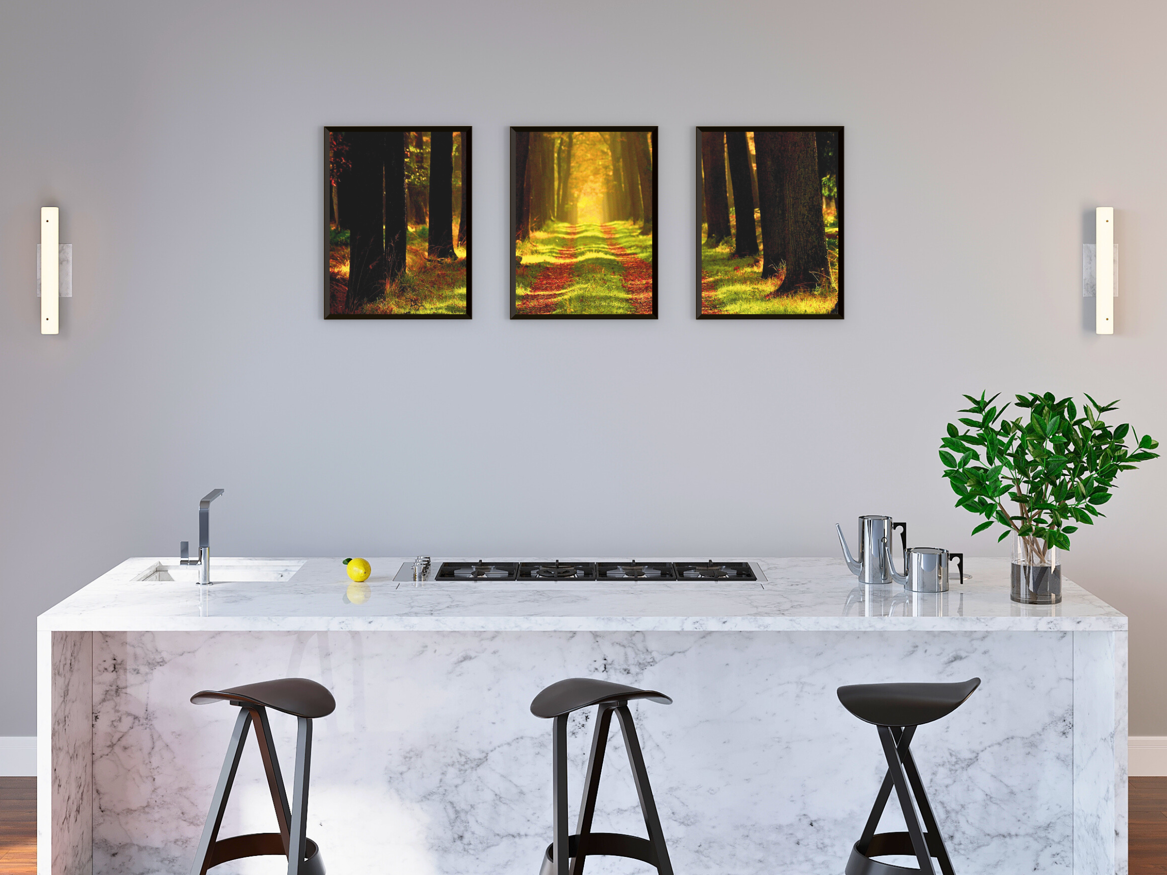 Allée bordée d'arbres en fin d'été - photographie en triptyque