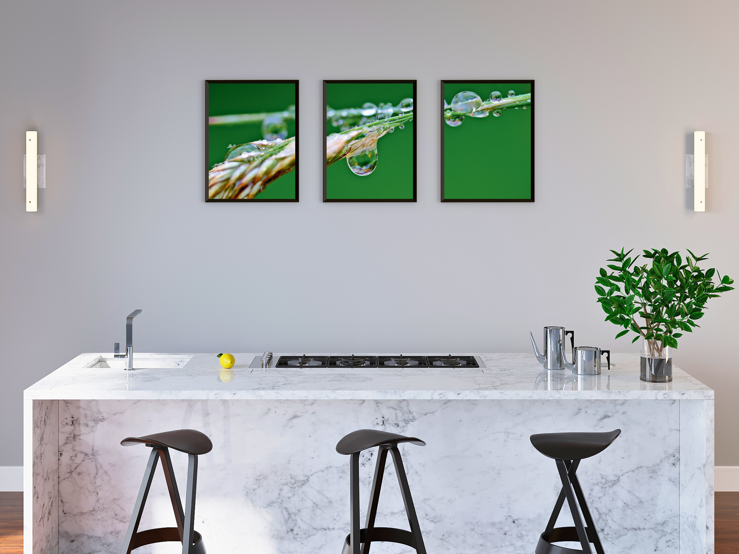 Wassertropfen auf Grashalm-Triptychon-Fotografie