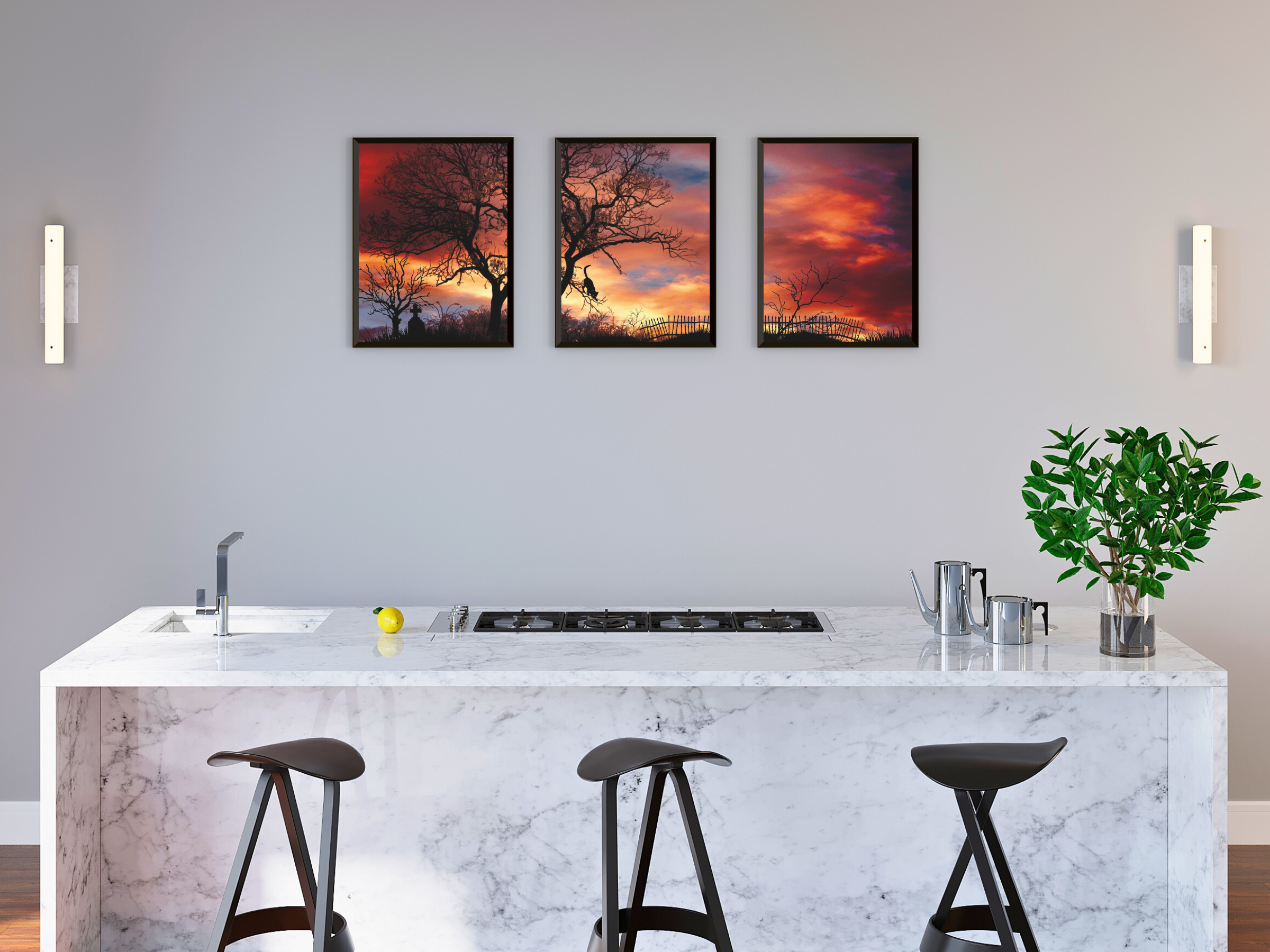 Photographie de triptyque au coucher du soleil