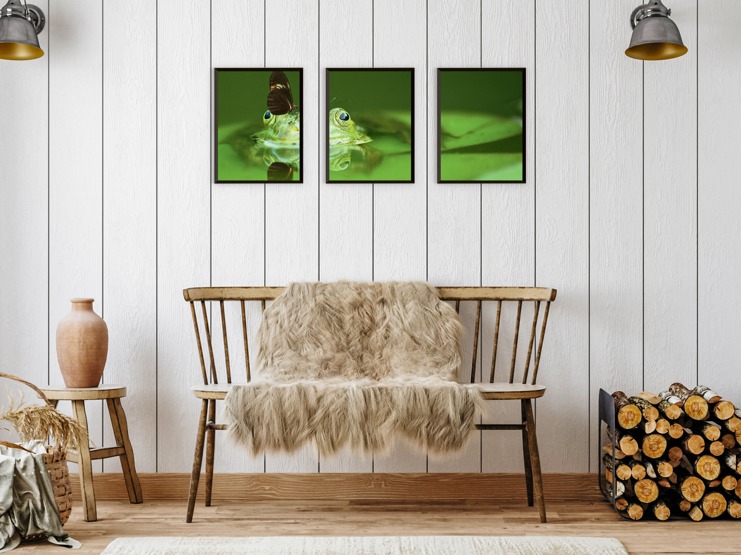 Triptyque photographique d'une grenouille et d'un papillon