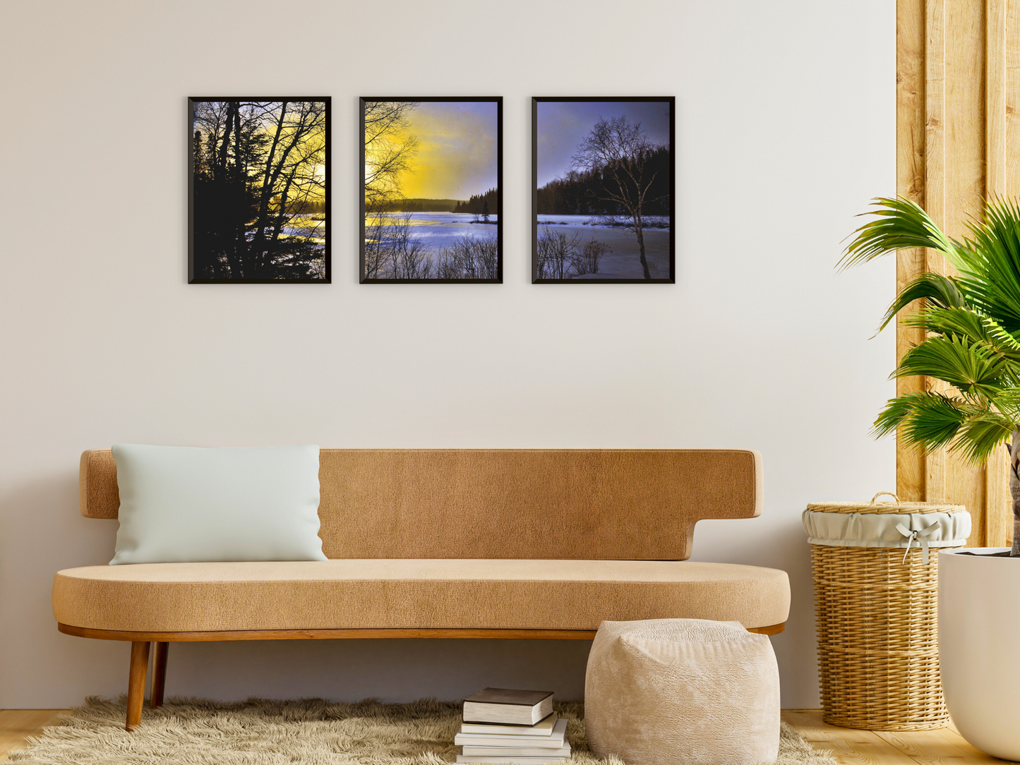 Wintersonnenuntergang am See-Triptychon-Fotografie