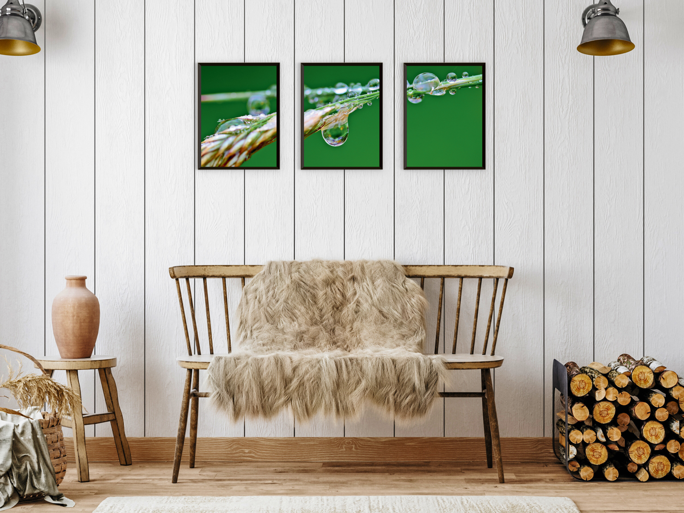 Wassertropfen auf Grashalm-Triptychon-Fotografie